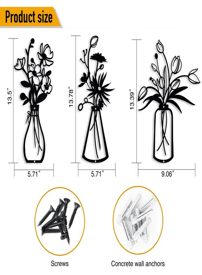 Floroom 3 Pieces Black Metal Flower Wall Decor Minimalist Vases Rustic Farmhouse Hanging Art for Living Room, Dining Room, Kitchen, Bedroom, Bathroom - Image 2